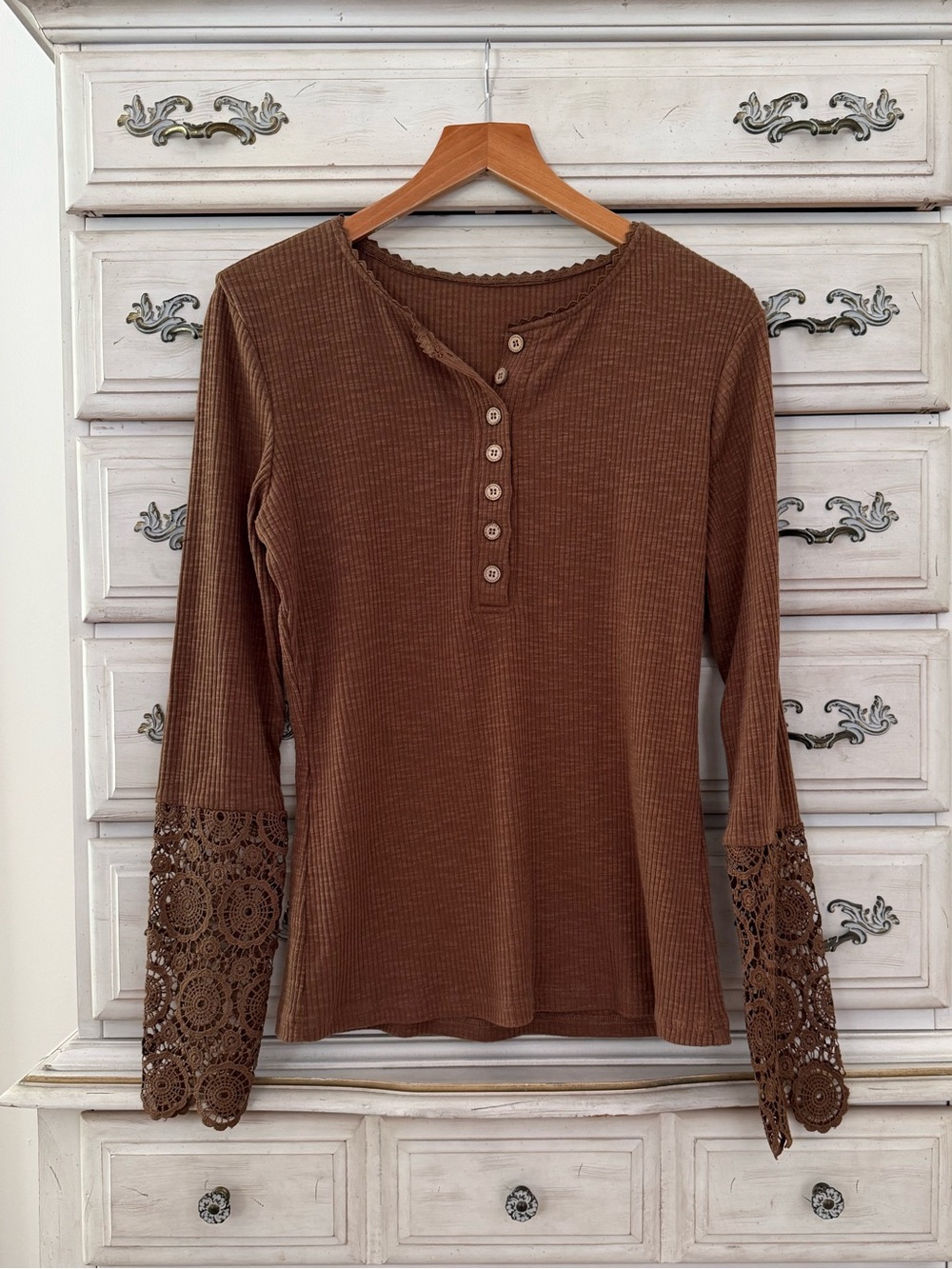 Brown Lace Cuff Ribbed Henley Top